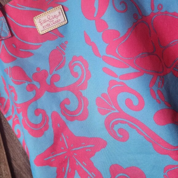 Lilly Pulitzer for Estee Lauder Pink Blue Crabs Shells Canvas Tote Beach Bag EUC - Picture 4 of 8
